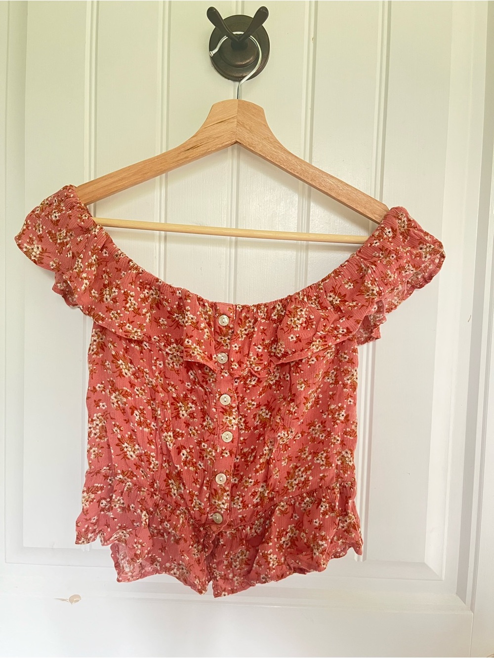 Floral Off-Shoulder Ruffle Button-Crop Top - Dusky Rose Pink